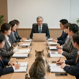 photo of a management board meeting of well dressed cats. Highly detailed 8k. Intricate. Sony a7r iv 55mm. Stock photo.