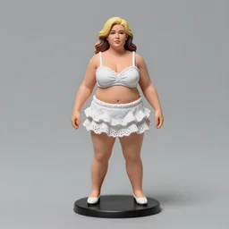 Product Introduction Photos, 4K, Full body, 80mm resin detailed miniature of an attractive chubby mature lady in White and short lacy ruffled skirt, Blonde hair