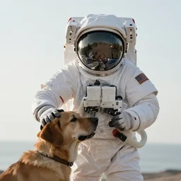 a beautiful photo of an astronaut patting his dog, soft light, morning light, photorealistic, realistic, octane, 8k, cinematic shot
