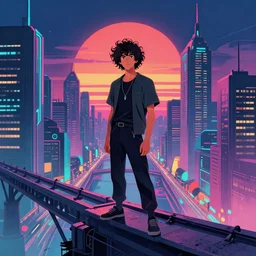 a curly - haired persian guy standing on top of a bridge over a city, cyberpunk art by james gilleard, cgsociety, retrofuturism, synthwave, cityscape