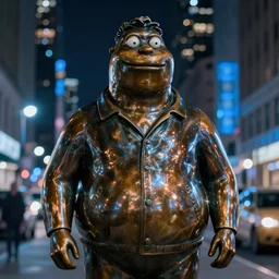 a cinematic photograph of peter griffin as a bronze statue in the middle of Manhattan, bokeh, blue street lights, night time, shiny