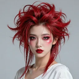 Japanese model with maximalist hair style and makeup, fashion model, unreal engine octane, red and white, portrait, gliter, depth of field, 8k, hyper detailed, intricate, trending on artstation