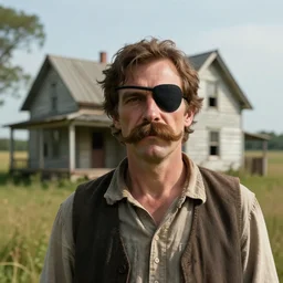 a man with a large, bushy mustache and an eye patch standing in front of a ramshackle house in the middle of a field, highly detailed, cinematic, extremely high quality, hd, 4 k, 8 k, professional photographer, 4 0 mp, lifelike, top - rated, award winning, realistic, detailed lighting, detailed shadows, sharp, no blur, edited,