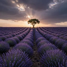 symmetrical lavender field, a! single tree! on horizon in center, desaturated colors, sunrise, by marc adamus