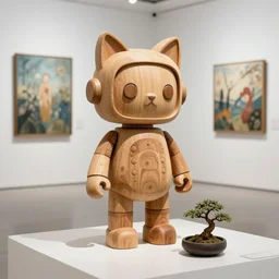 8k photo ,a wooden sculpture art toys on feet cute robot zen gardener with cat ears ,a contemporary art gallery