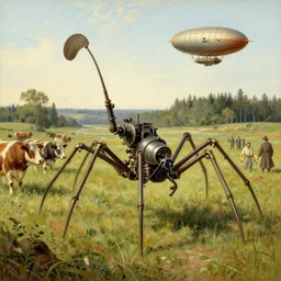 1920's spider mech in a field with cows, farmers and forest in the distance, steampunk airship patrolling above, painted by Jakub Rozalski