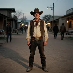 Jar Jar Binks in a cowboy outfit, standing in a dusty old western street at dusk, movie screenshot directed by Sergio Leone and Quentin Tarantino. Cinematic. 24mm lens, 35mm film, Kodak film, f8