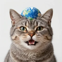 a face of a fuzzy grinning cat, thinking of taking over the planet, illustration, digital art, hyperrealism