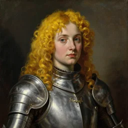 saoirse ronan, yellow curly hair, wearing maximilian armour, portrait, oil painting by titian, hard focus