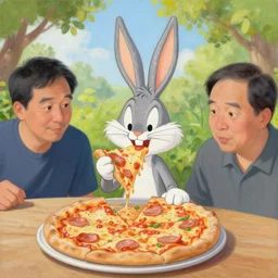 bugs bunny eating pizza, organic painting, sunny day, hard edges, trending on artstation, by huang guangjian and gil elvgren and sachin teng