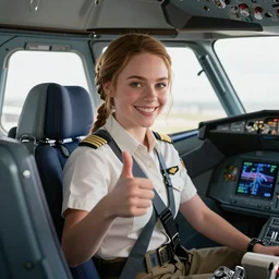 Stock photo of Katniss Everdeen as a pilot, giving a thumbs up, in the cockpit of a Boeing 747