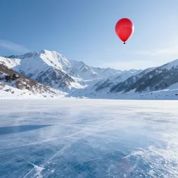 beautiful frozen landscape, snowy mountains, with a single red floating balloon up in the air