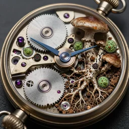 detailed view from inside a clockwork watch, entangled roots covered in mushrooms, cracked earth, living spore microorganisms, decaying, rusty, hyper realistic photo, full colour, upscale, 8 k