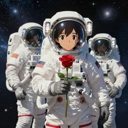 astronauts holding roses in the universe, dream, ultra hd, highly detailed by shinkai makoto