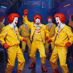highly detailed painting of a group of ronald mcdonalds with red afros, white facepaint, red noses and yellow tracksuits dancing at a cyber nightclub rave by william turner, by greg rutkowski, by william constable, thick brush strokes and visible paint layers, 4 k resolution