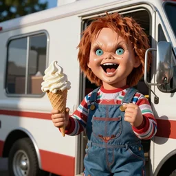 close up menu of screaming chucky doll ice cream on side of ice cream truck