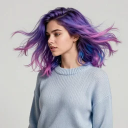 a award winning half body portrait of a beautiful woman in a winter sweater with ombre purple pink blue hairstyle with head in motion and hair flying by sandra chevrier, outrun, vaporware, illustration, digital art, trending on artstation, highly detailed, fine detail, intricate