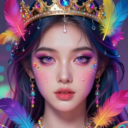beautiful, young woman, detailed gorgeous face, vaporwave aesthetic, synthwave, colorful, psychedelic, crown, water drops and feathers, artstation, concept art, smooth, extremely sharp detail, finely tuned detail, ultra high definition, 8 k, unreal engine 5, ultra sharp focus, illustration, art by artgerm and greg rutkowski and alphonse mucha