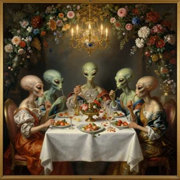 a rococo painting of aliens eating at a banquet, dramatic painting, symmetrical composition, ornate, high detail, blooming, lights, flowers,