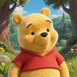 ultrarealistic hyperdetailed render of winnie the pooh, cute eyes, lovable and furry, by beeple and h. r. giger, makoto shinkai, studio ghibli, giovanni paolo panini, colorful, vibrant, animation style render, unreal engine, cryengine, artstation, denoise, deblurring