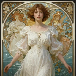 long shot, woman posing, short wavy hair, round face, intricate white dress, cottagecore!!, inside water, intricate, enlightened, highly detailed, digital painting, artstation, concept art, smooth, sharp focus, illustration, inspired by artgerm, by marat safin, and alphonse mucha