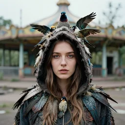a closeup portrait of a woman wearing a hood made of birds, in an abandoned theme park, by helen warner, canon eos c 3 0 0, ƒ 1. 8, 3 5 mm, 8 k, medium - format print