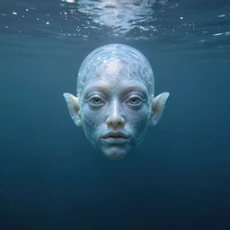 a centered wide shot of an single lonely water elemental in the ocean omnious depths , elegant, transluscent, reflections, focus, detailed, realistic eyes, horizontal partial symmetry features proportions, intricate facial skin details, award winning, trending in cgsociety artstation deviant art, octane render