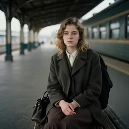 portrait of a young woman!!! sitting in a train station! in the middle of emptiness!!! moody! 1 9 3 0 ’ s! by norman rockwell