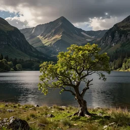 Photorealistic landscape with mountains in the background a lake in the middle ground and an old tree in the foreground