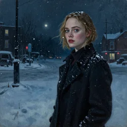Elle Fanning lost in the Bermuda Triangle night in the world of Edward Hopper, stormy snowy weather, extremely detailed masterpiece, oil on canvas, low-key neon lighting, artstation, Blade Runner 2049, Roger Deakin’s cinematography, by J. C. Leyendecker and Peter Paul Rubens,