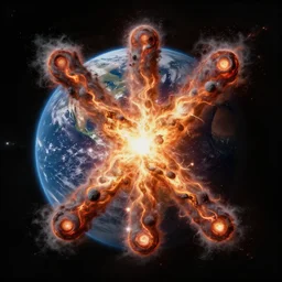 a supernova explosion destroying planet earth in the shape of a peace sign, space photography, high quality, 8 k,