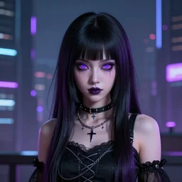 1 7 - year - old persian goth girl, long bob cut, purple eyes, psychic girl, octane render, futuristic city