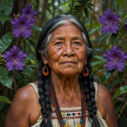 a beautiful portrait of a noble indigenous old woman in the amazon jungle surrounded by purple flowers of brunfelsia grandiflora, matte painting, by christophe vacher