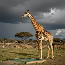 a photograph of a giraffe playing disc golf
