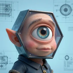 portrait of hexagon shaped dwarf head and shoulders with single centered giant bloodshot eye, in the style of Greg Broadmore and Arthur Rackham,trending on artstation, light lighting side view,digital art,surrealism ,macro,blueprint ,vaporwave ,