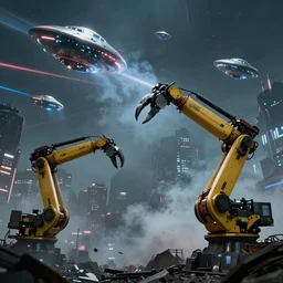 apocalyptic scene of jcb yellow robot arms with claws reaching out to try and catch the fast moving reflective spaceships ufos, tuned to a dead channel, in the style of blade runner, cyberpunk, laser, smoke, debris