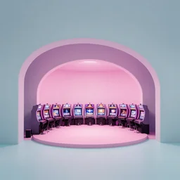 minimalistic extreme wide angle curved perspective digital art of cotton candy indoor casino with a stage pale colors by anton fadeev from nightmare before christmas