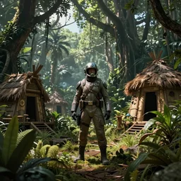 an intricate concept art of a military pilot standing in the middle of a jungle, tribe huts in the jungle, large trees and wild plants, sci - fi art, star wars inspired, cinematic lighting, artstation, art by tony sart,