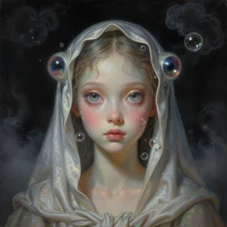 a neoclassicist close - up portrait of a big - eyed fairy with bug eyes cloaked in silk with glowing bubbles. iridescent and reflective alien technology. foggy black background with dark puffy glowing clouds. highly detailed science fiction painting by norman rockwell, frank frazetta, syd mead and moebius. rich colors, high contrast, gloomy atmosphere, dark background. trending on artstation.