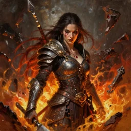 portrait a beautiful brutal warrior, wrath flame and ruin, oil painting, 8k, trending on artstation