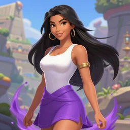 a beautiful woman with long black hair, wearing a white tanktop and a purple skirt, Hearthstone official splash art