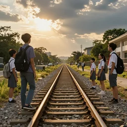 a high school field, with railway tracks going through it, kids watching