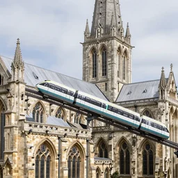 an external view of salisbury cathedral with a monorail train system running through its roof, photographic mock up, design concept - n 4
