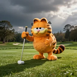 Garfield the cat playing golf