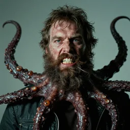 bearded man with living teeth and tentacles in the style of the horror film The Thing 1982. Filmic.