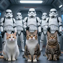 star wars cats dressed as stormtrooper etc., different situation, while aboard on the 1 2 mile capital ship. zoomed in shots, photorealistic, sharp focus, cold colour temperature, 4 0 0 0 k, f 0. 4