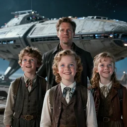 extremely sharply detailed, from blockbuster 9 6 k sci fi color movie freeze frame, set 1 8 6 0, family standing in front of crashed spaceship, on alien planet, looking happy, wearing 1 8 5 0 s era clothes, atmospheric lighting, in focus, reflective eyes, 1 9 9 mm macro lens, live action, nice composition, good photography, clear facial details