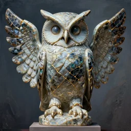 Symmetrical painting of a fractured obsidian greek statue of an owl fixed with kintsugi, rendered in octane trending on cgsociety. Extremely detailed and intricate art,