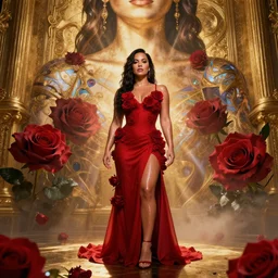 perfectly - centered!! looking at the camera!!! low - angle!! full body portrait of demi lovato dressed in red dress, clothed, with roses, wet, shiny, shiny skin, bright lighting, godrays, golden, baroque style, roses, intricate abstract upper body intricate artwork, by tooth wu, wlop, beeple, dan mumford. concept art, octane render, deviantart, greg rutkowski, cinematic arthouse, key art, hyper realism, iridescent accents