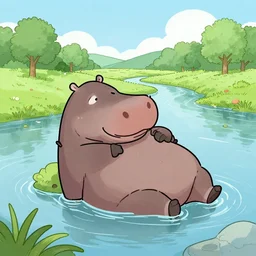 sad hippo waking up in a beautiful river landscape, drawing by matt groening, trending on artstation